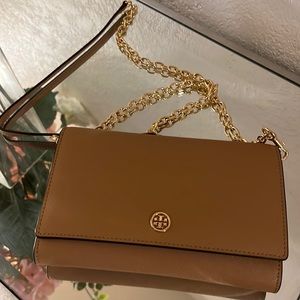 Tory Burch Tan/Light Brown Cross Body with gold chain.